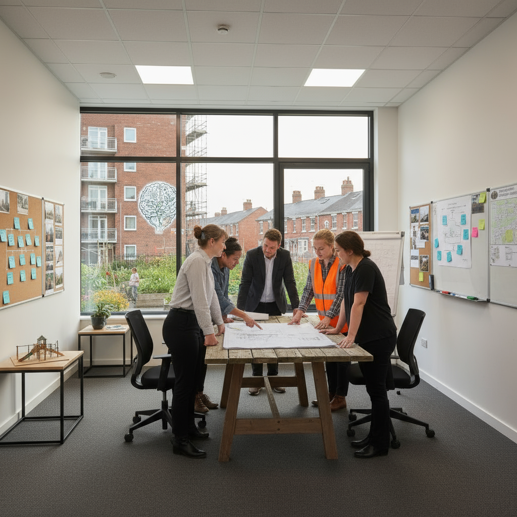 A UK-based social housing scene showing a housing team (not builders) in an office environment located within community buildings, such as council flats or brick terraced houses. The team is engaged in discussion and planning, dressed in everyday professional attire. The setting combines elements of community (visible from the office windows), change, and improvement (blueprints, planning boards, subtle symbols of transformation).